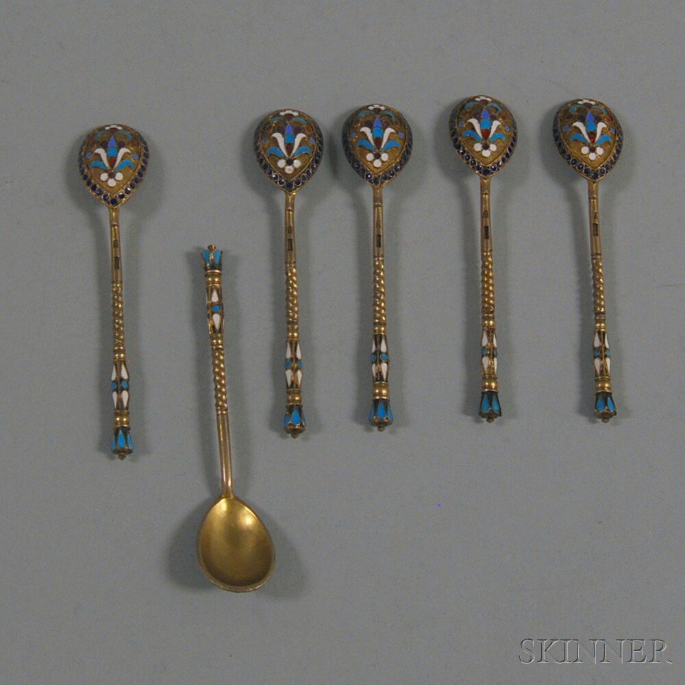 Appraisal: Set of Six Russian Gold-washed and Enameled Silver Egg Spoons