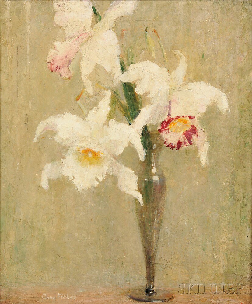 Appraisal: Anna S Fisher American - White Pink Orchids Signed Anna