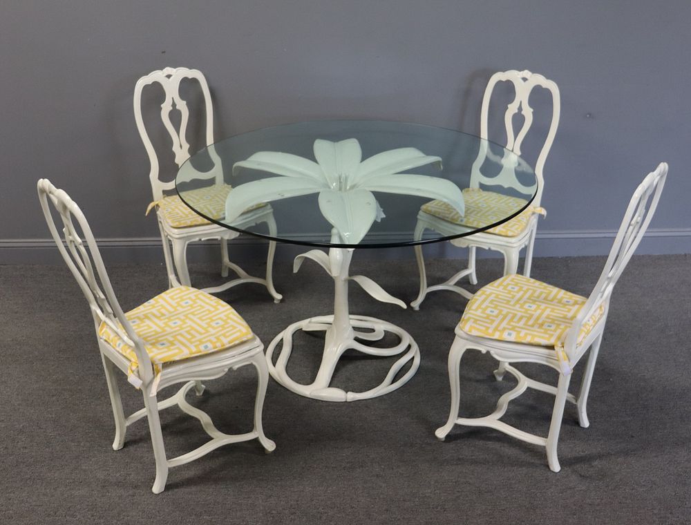 Appraisal: White Enameled Metal Floral Form Table With Metal Chairs Great