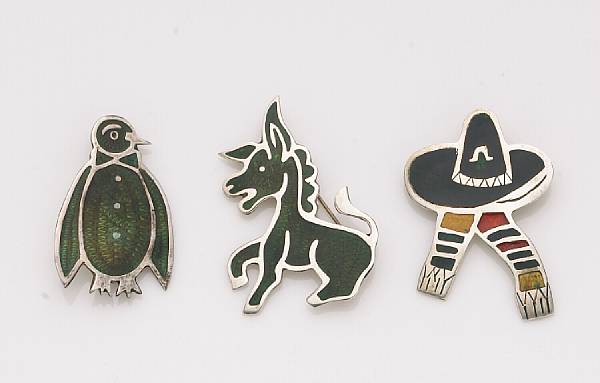 Appraisal: A group of three Mexican silver inlay brooches