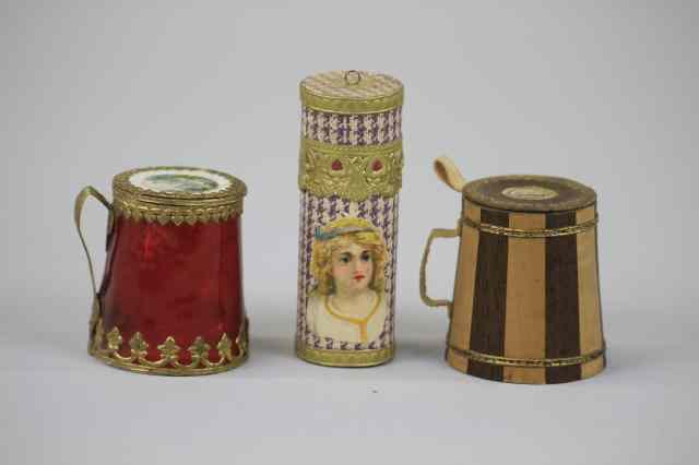 Appraisal: GROUP OF THREE DRESDEN CANDY CONTAINERS Germany lot includes simulated