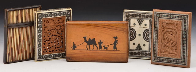 Appraisal: Three Indian sandalwood and inlaid card cases an olive wood