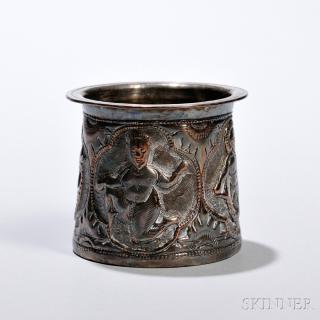 Appraisal: Silver-plated Copper Repousse Cup Silver-plated Copper Repousse Cup splayed tubular