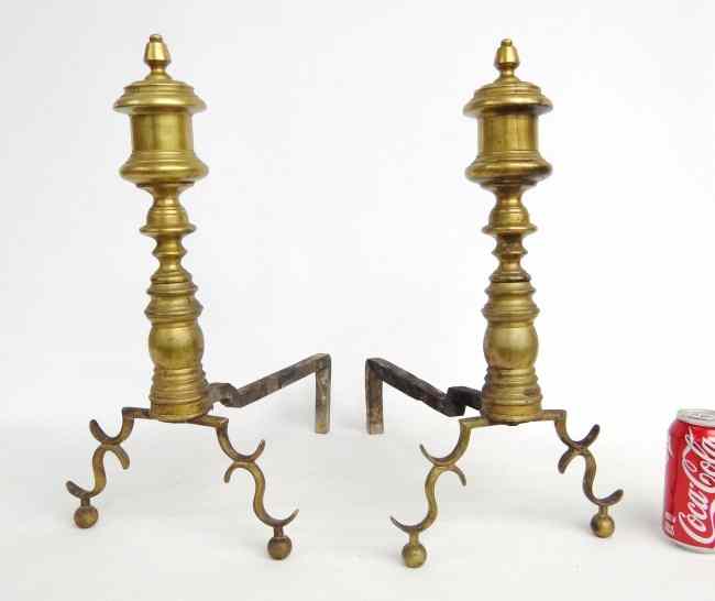 Appraisal: Pair th c Empire brass andirons '' Ht '' D