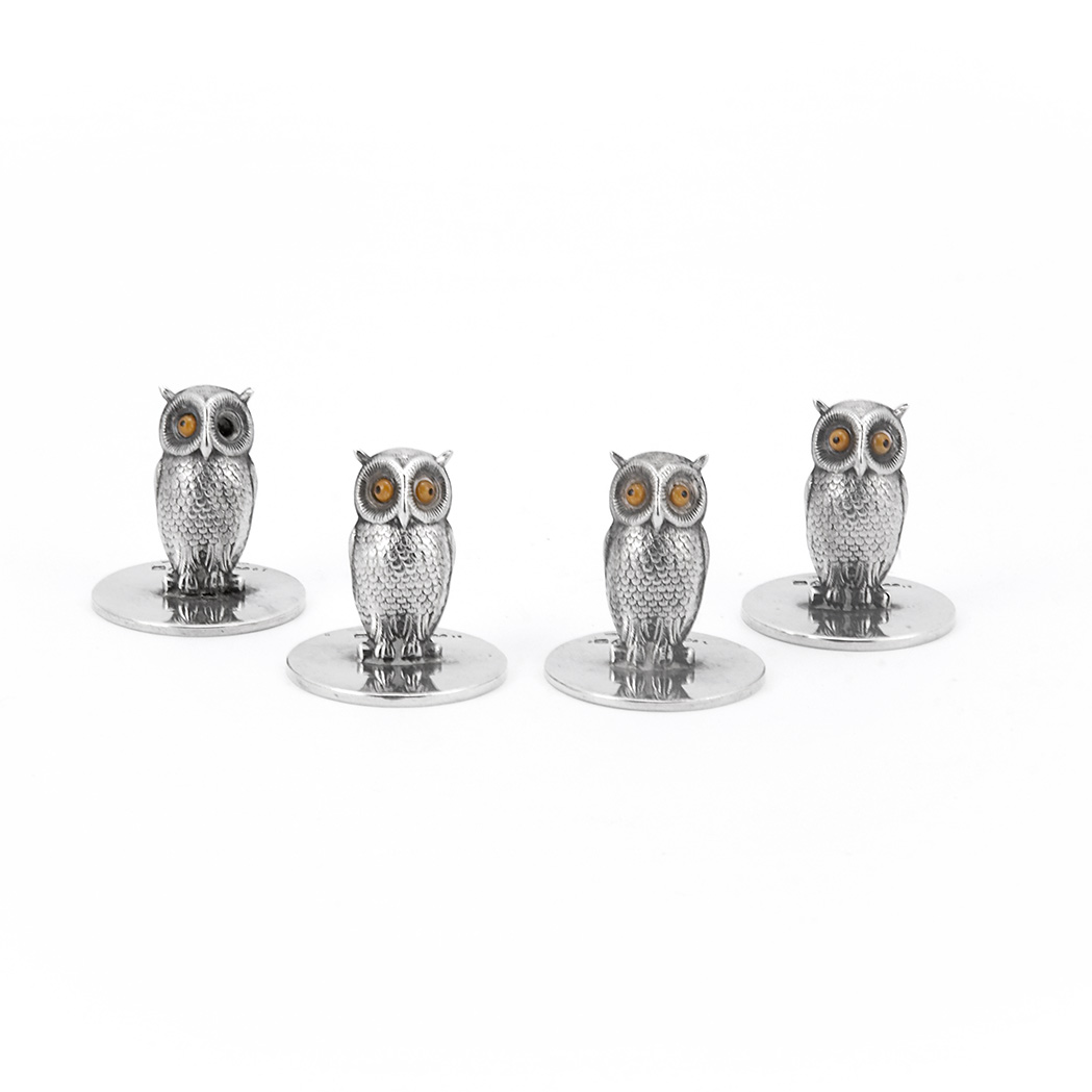 Appraisal: Set of Four Mappin Webb Sterling Silver Owl-Form Place Card