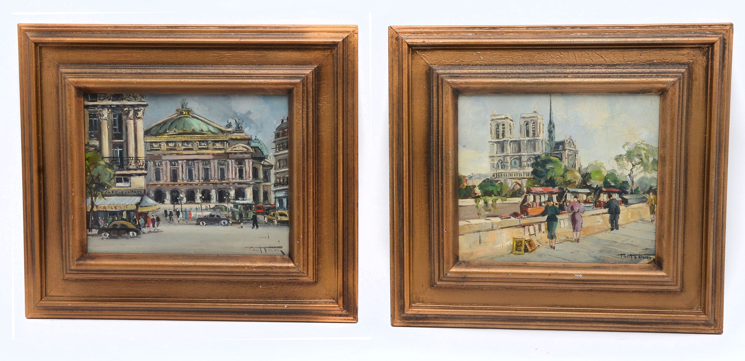 Appraisal: FERON Paul French th Century Parisian Street Scenes Oils Canvas