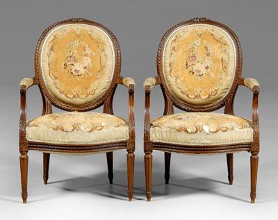 Appraisal: Pair Louis XVI style armchairs carved fruitwood frames with tapestry