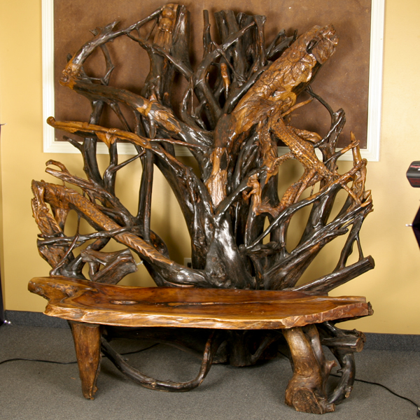 Appraisal: Folk art sculptural LARGE tree root bench with profuse Oriental