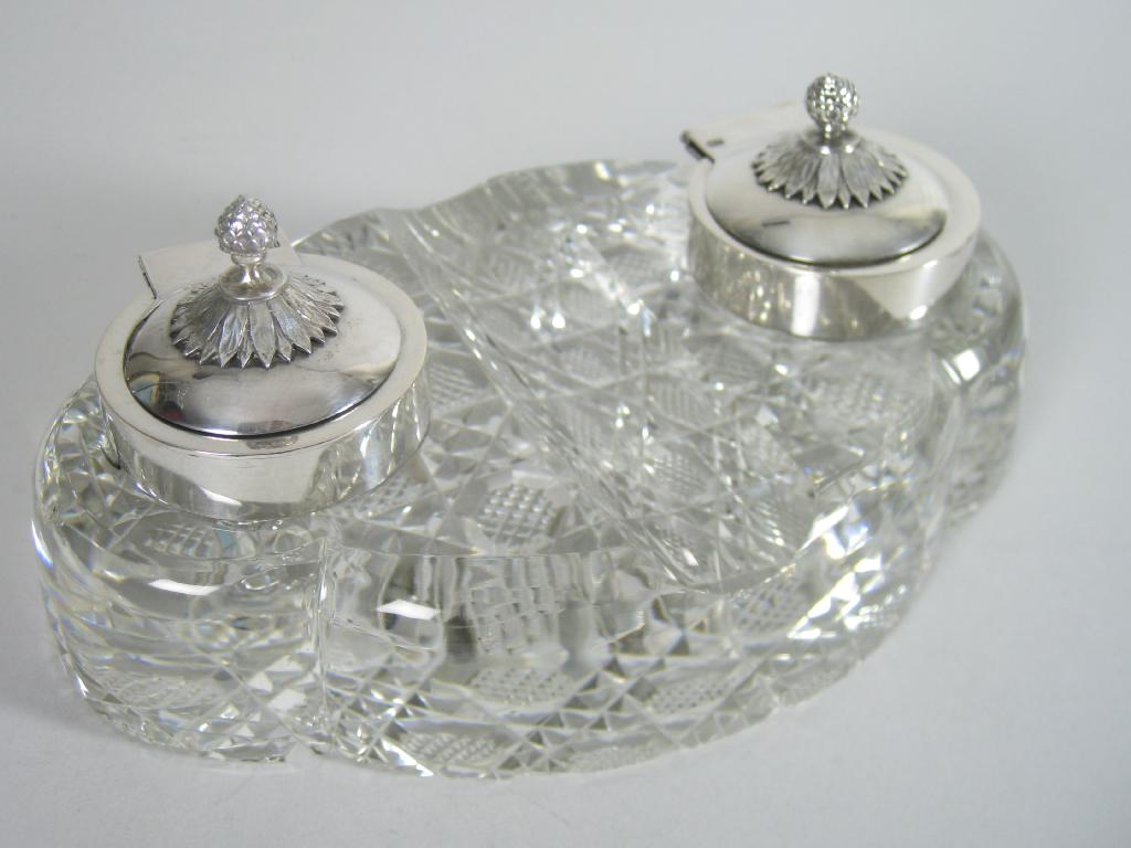 Appraisal: A Russian double Inkwell the heavy cut glass base with