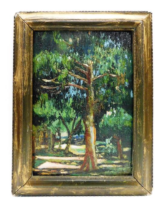 Appraisal: American School oil on board Impressionist style landscape depicting grove