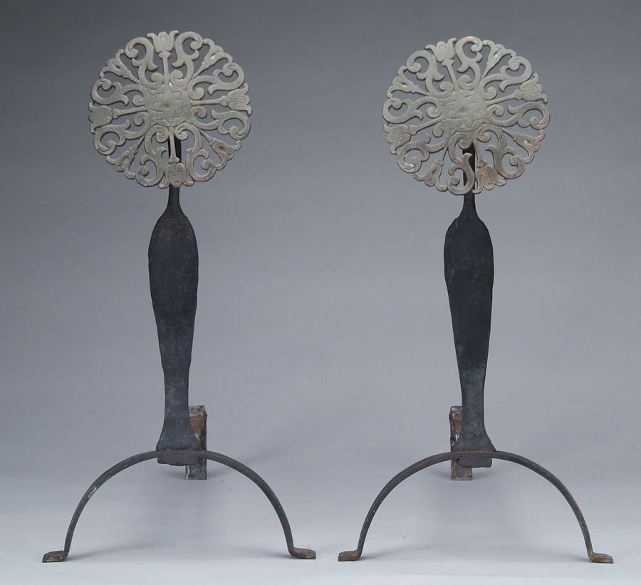 Appraisal: NICE PAIR OF BRASS AND WROUGHT IRON ANDIRONS Gooseneck shaped