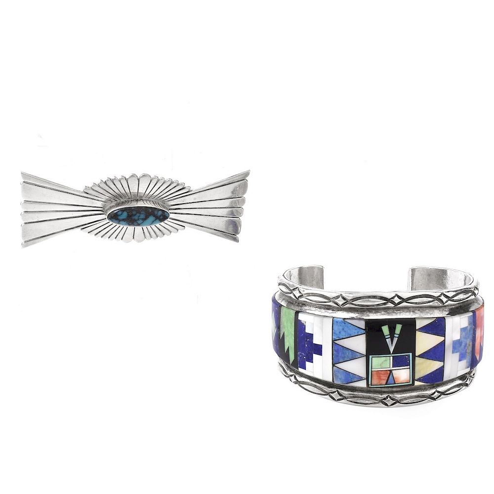 Appraisal: Navajo Sterling Cuff Bangle and Brooch Lot Navajo Sterling Silver