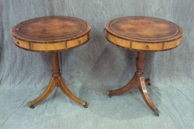 Appraisal: Pair of Handmade Drawer Leather Top Drum Tables Fine Quality