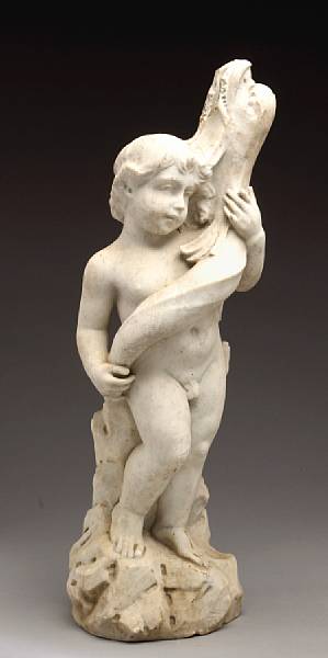 Appraisal: A carved marble fountain head of a putto with dolphin