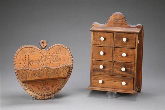 Appraisal: TWO PIECES Pine heart wall pocket with carved birds h