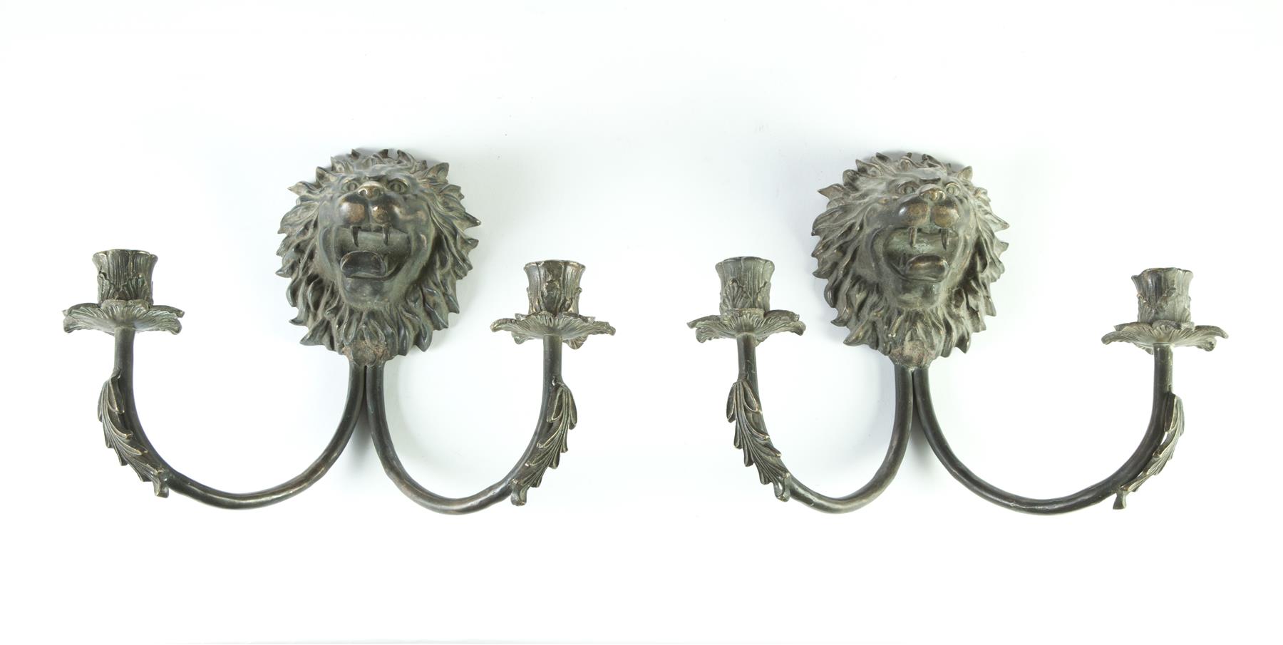 Appraisal: PAIR OF LION WALL SCONCES Asian th century Bronze with