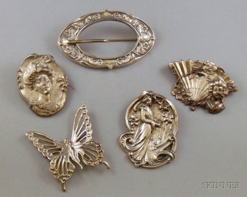 Appraisal: Five Art Nouveau and Art Nouveau Style Brooches including a