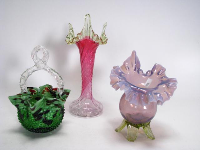 Appraisal: Three pieces Victorian style colored art glass including handled basket