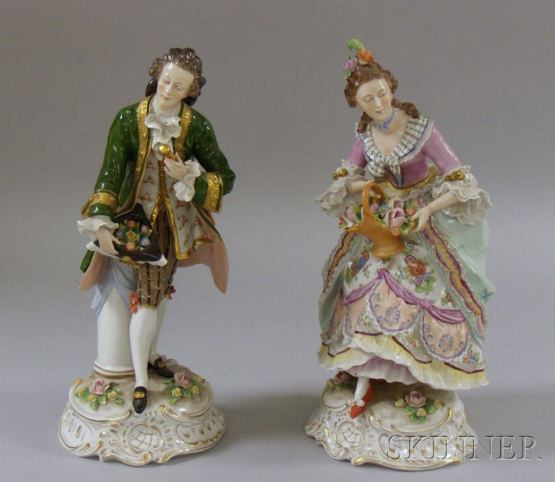 Appraisal: Pair of Sitzendorf Hand-painted Porcelain Figures of a Gentleman and