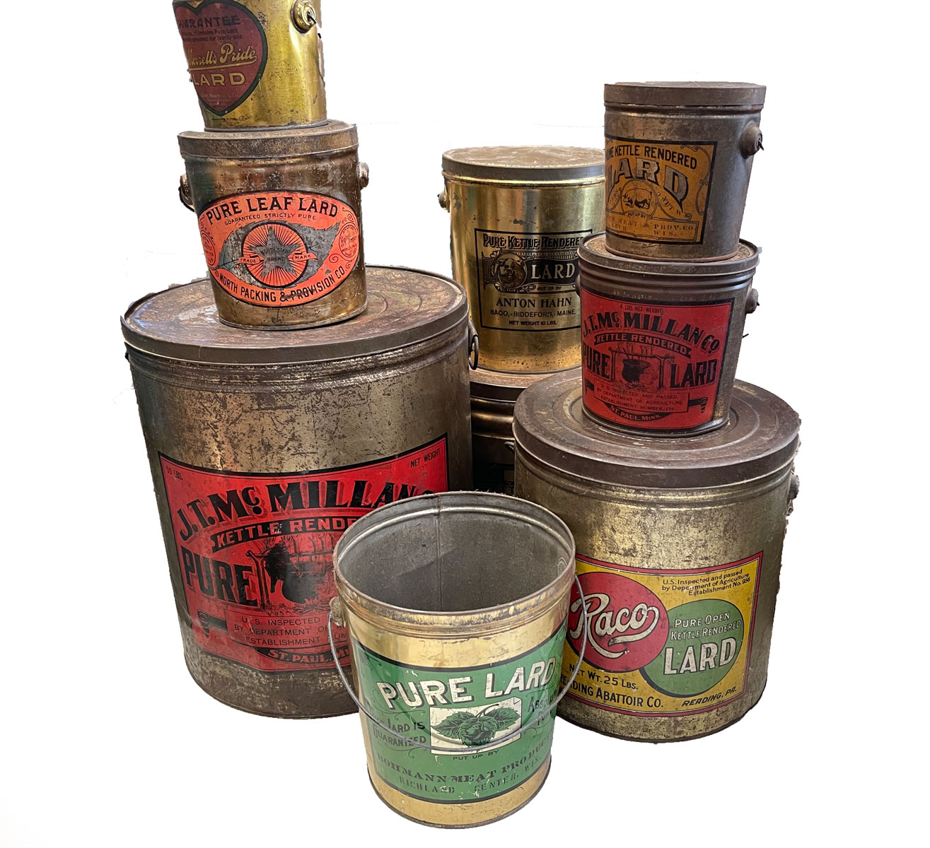 Appraisal: PC LARD TIN BUCKET COLLECTION Comprising - Bohmann Meat Products