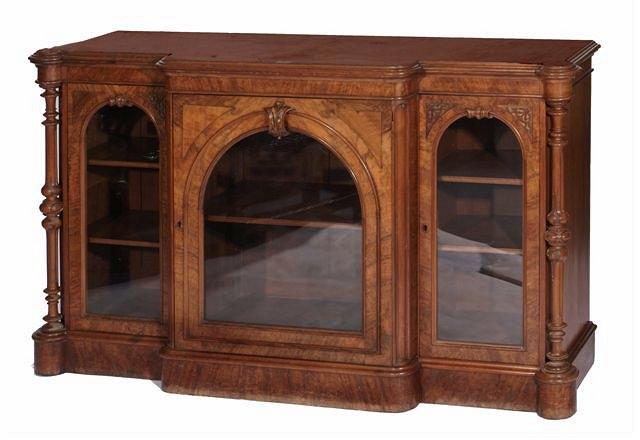 Appraisal: A VICTORIAN BURR WALNUT SIDE CABINET of break front form