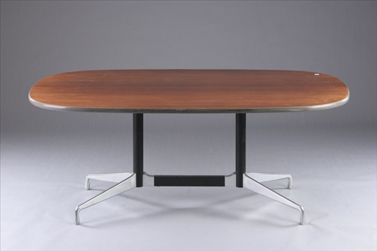 Appraisal: MODERN HERMAN MILLER TRESTLE-BASE TABLE th century Mahogany race-track top