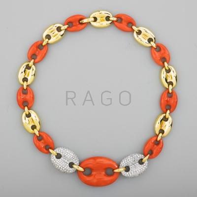 Appraisal: CORAL DIAMOND K GOLD LINK NECKLACE Graduated chain of deep