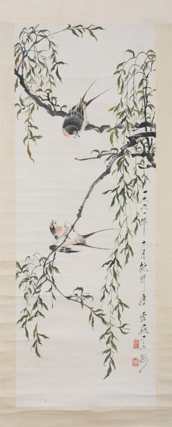 Appraisal: AFTER TANG YUN Chinese - TWO SWALLOWS PERCHED ON BRANCH