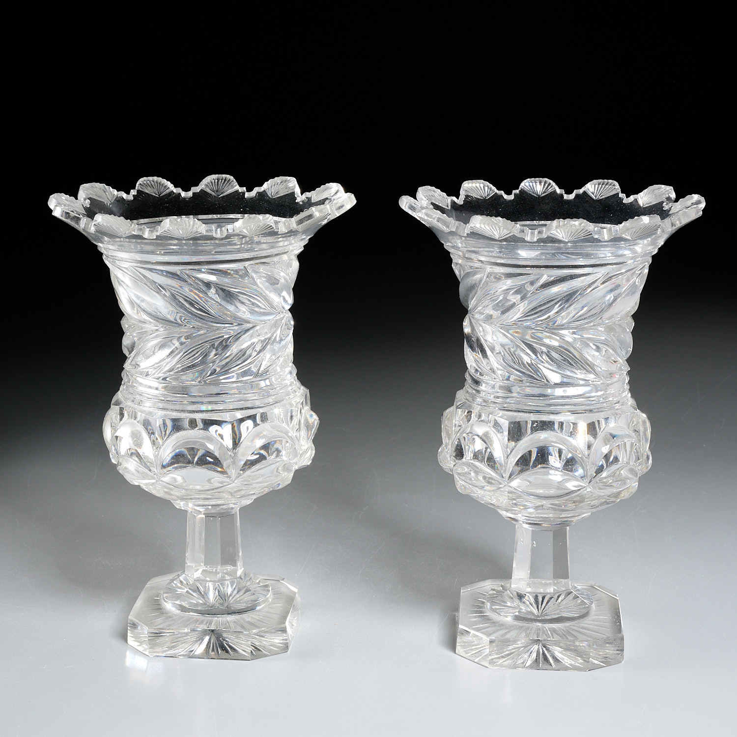 Appraisal: NICE PAIR IRISH REGENCY CUT CRYSTAL URNS th c with