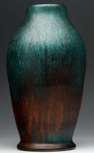 Appraisal: CLEWELL Copper-clad large ovoid vase Excellent blue to red patina