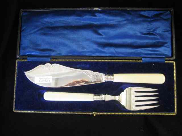 Appraisal: Ivory Silverplate Fish Serving Set English hallmarks original box excellent