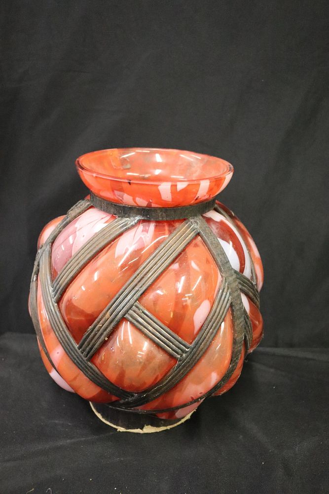 Appraisal: Antique Iron Wrapped Glass Vase In the style of Schneider