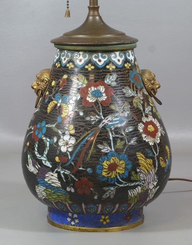 Appraisal: Chinese Cloisonn Vase with mask handles mounted as a lamp