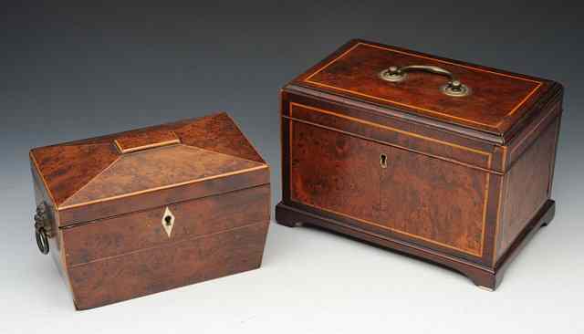 Appraisal: A GEORGIAN BURR WOOD RECTANGULAR TEA CADDY with crossbanded decoration