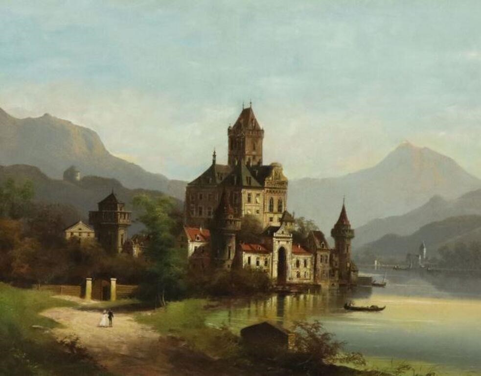 Appraisal: Framed oil on canvas painting Chateau on an Alpine Lake