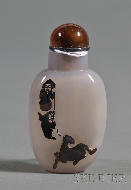 Appraisal: Shadow Agate Snuff Bottle carving of two grooms and a