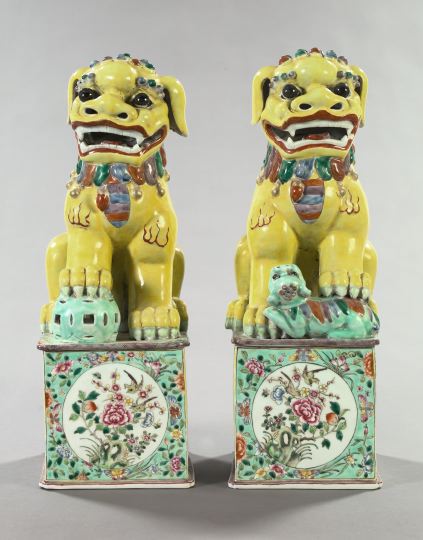 Appraisal: Large Pair of Kuang-Hsu Brilliantly Polychromed Porcelain Yellow Foo Dogs