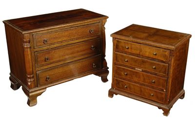 Appraisal: A miniature walnut veneered chest of four long drawers with