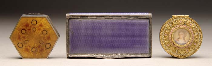 Appraisal: THREE DECORATED SMALL BOXES - x - purple enameled rectangular