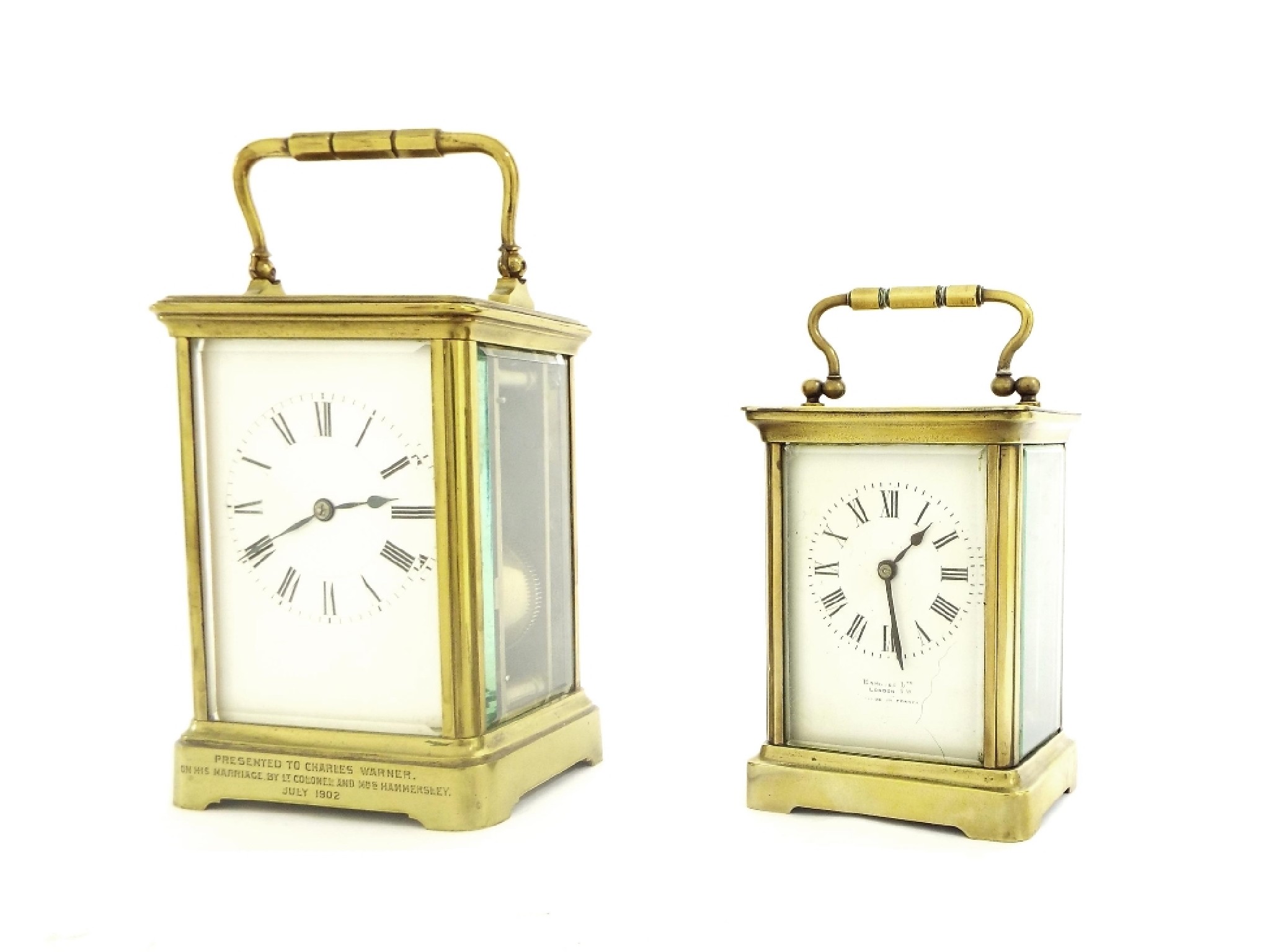 Appraisal: French carriage clock striking on a gong with presentation inscription