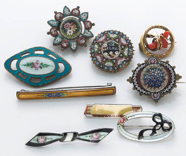 Appraisal: A collection of nine micromosaic enamel and metal brooches