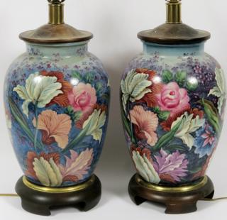 Appraisal: OVER ALL FLORAL PORCELAIN HAND PAINTED LAMPS PAIR OVER ALL