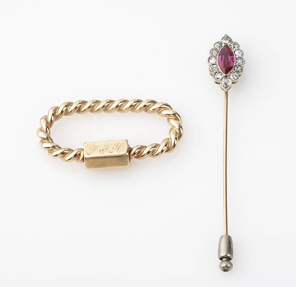 Appraisal: A diamond synthetic ruby and k gold stick pin with