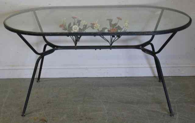 Appraisal: Midcentury Decorative Iron Glass Table Unusual table with decorative faux