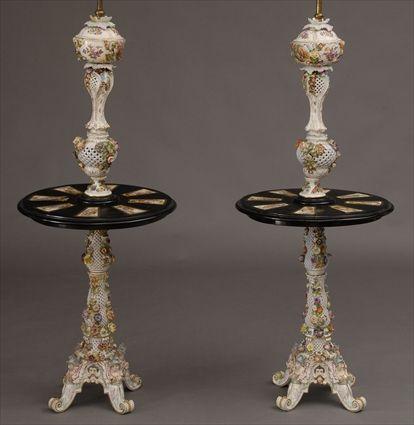 Appraisal: PAIR OF DRESDEN-STYLE PORCELAIN LAMP TABLES Each baluster-form stem and