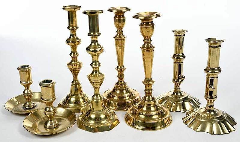 Appraisal: Four Pairs Period Brass Candlesticks th th century comprising pair