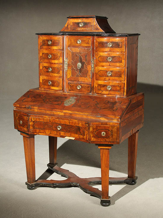 Appraisal: German Baroque Ebonized Wood and Satinwood Inlaid Parquetry Walnut Schreibschrank