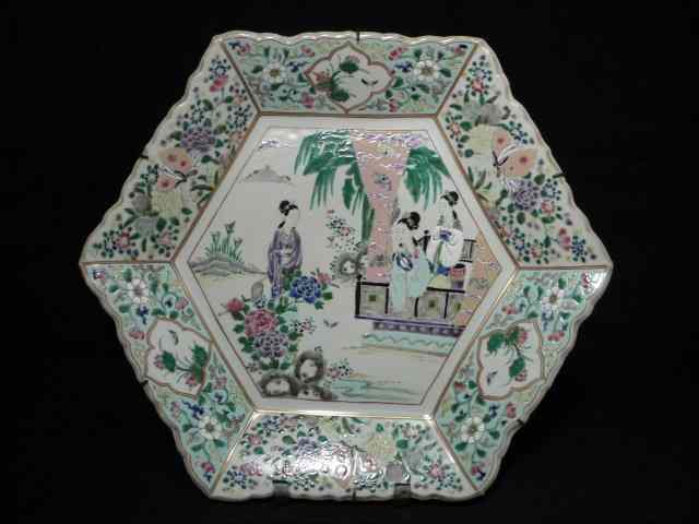 Appraisal: Chinese Famille Rose hexagon charger Wall hanging hardware on back