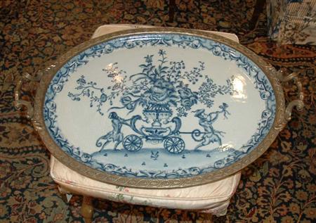 Appraisal: Brass Mounted Blue and White Porcelain Tray Table Estimate nbsp