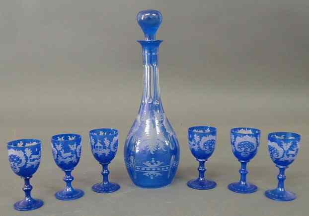 Appraisal: Blue-cut-to-clear decanter h and six cordial glasses